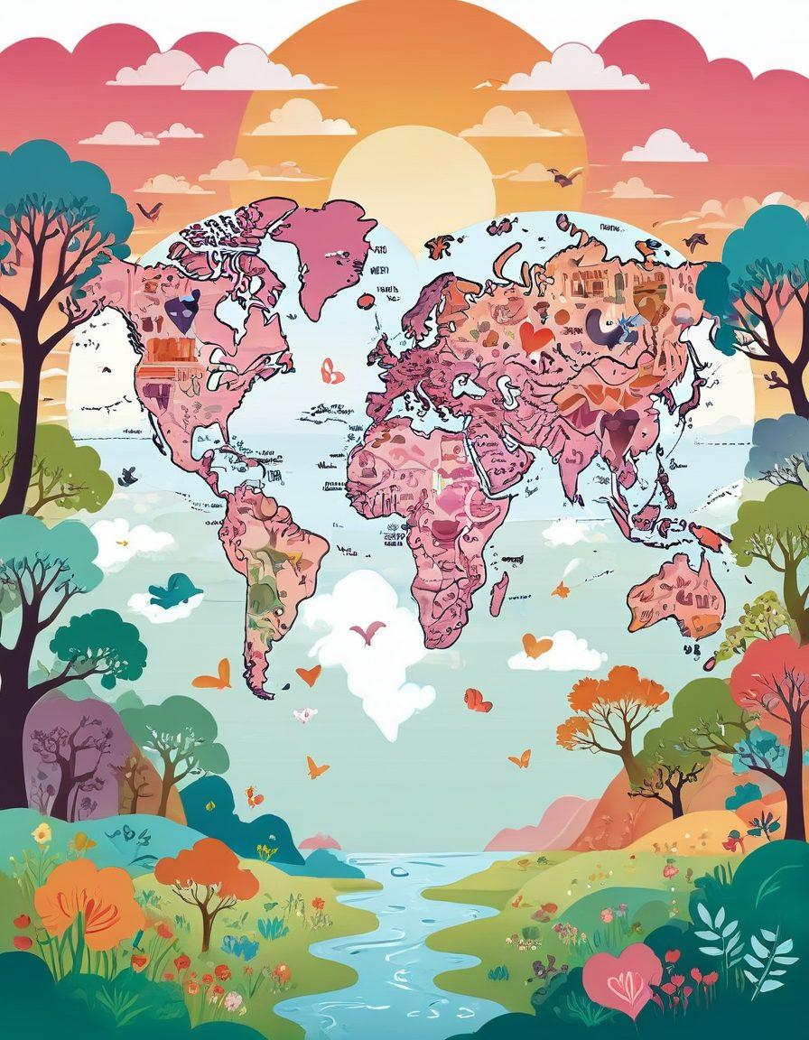 A whimsical world map adorned with playful icons representing various forms of adult content, such as hearts, playful silhouettes, and symbols of intimacy. Include pathways made of vibrant pastel colors weaving through lush landscapes of affection and tranquility, inviting exploration and understanding. A soft sunset in the background to evoke warmth and comfort, with clouds shaped like thoughtful expressions. vector art. vibrant colors. white background.