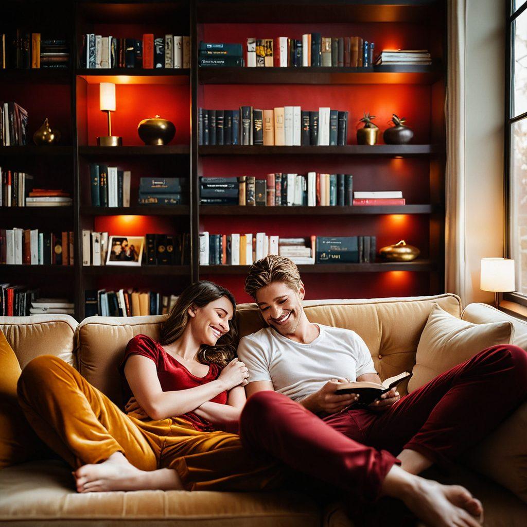 A warm, inviting scene depicting a cozy couple in an intimate setting, surrounded by soft lighting and plush cushions. Emphasize the subtle connection between them, with playful touches like shared laughter and gentle touches, showcasing joy and trust. Include elements symbolizing adult content, such as tasteful artwork or books in the background to hint at exploration. Create a harmonious color palette that evokes warmth and bliss. super-realistic. vibrant colors. soft focus.